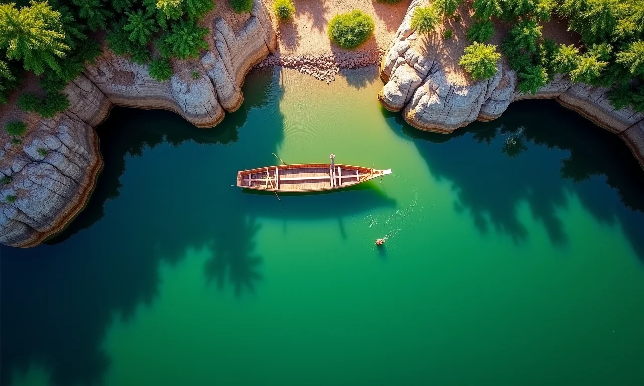 Vista aérea do Cânion do Xingó com um barco na margem.