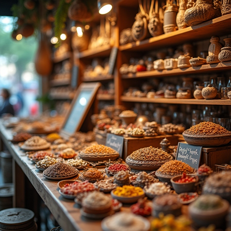 Vitrine com diversos tipos de artesanato que mais vendem.