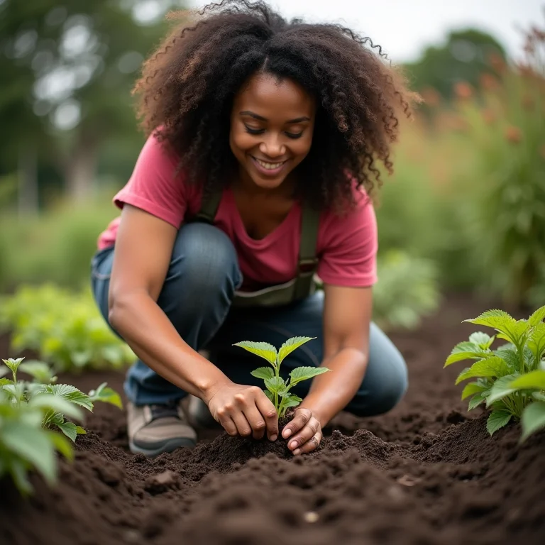 Voluntária plantando em horta comunitária.