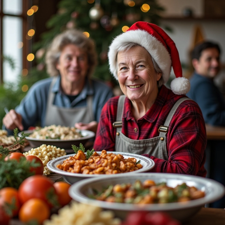 Voluntários adultos preparando refeições de Natal para caridade.