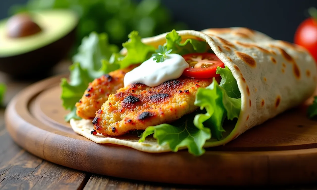 Wrap de frango com abacate e molho de iogurte, opção prática e saudável para um lanche rápido.