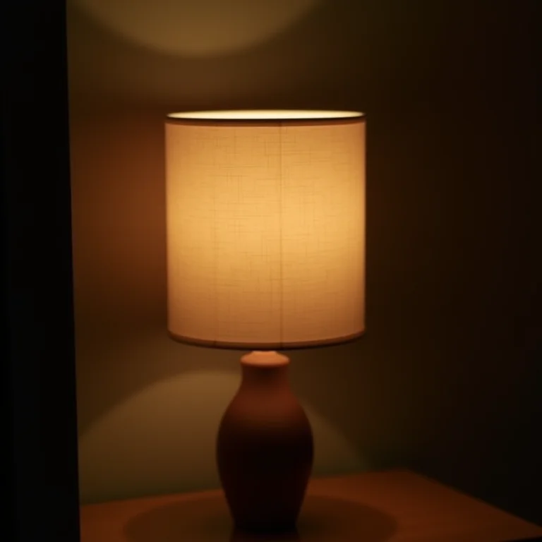 Abajur com cúpula de tecido emitindo luz suave e difusa