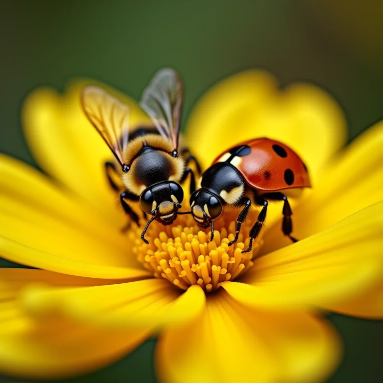Abelhas e joaninhas em flor.