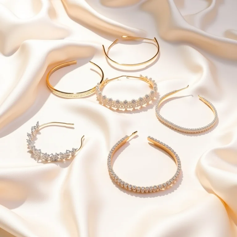 Acessórios brilhantes para cabelo: tiaras e headbands em fundo de seda