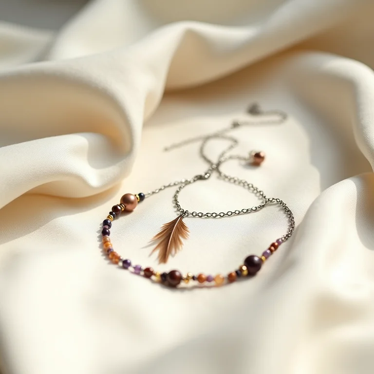 Acessórios hippies minimalistas: brinco de pena, colar de prata fina e pulseira de miçangas.