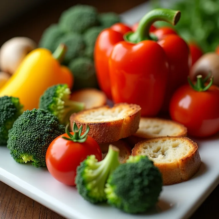 Acompanhamentos frescos e coloridos para fondue em travessa branca.