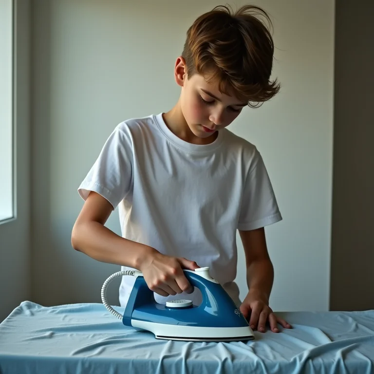 Adolescente passando roupa, preparando-se para a vida adulta.
