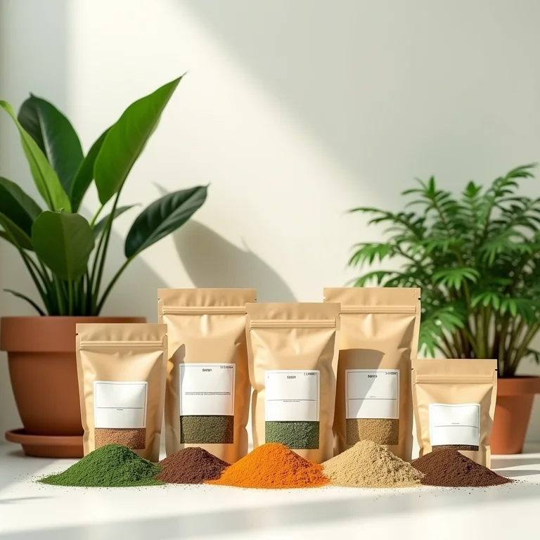 Adubos orgânicos e nutrientes para plantas em vasos.