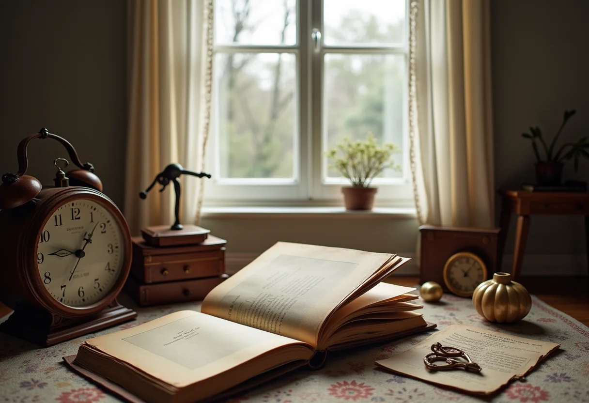 Álbum de família antigo cercado por objetos de valor, representando as gerações