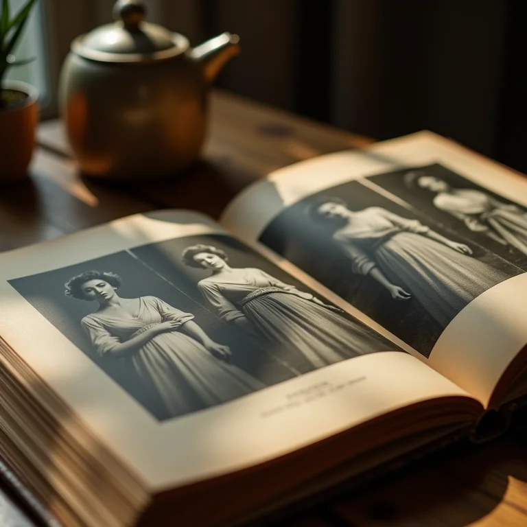 Álbum de fotos antigas com imagens de mulheres em preto e branco.