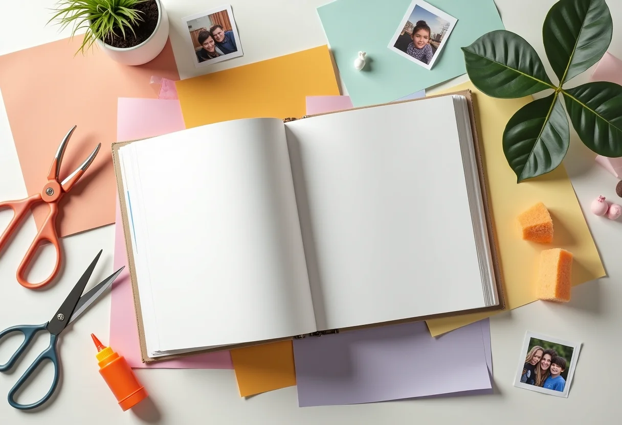 Álbum de scrapbook aberto com materiais e fotos coloridas