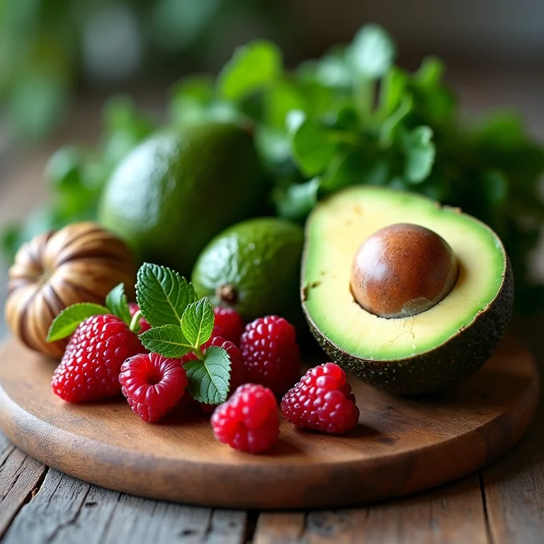 Alimentos anti-celulite em uma tábua de madeira.