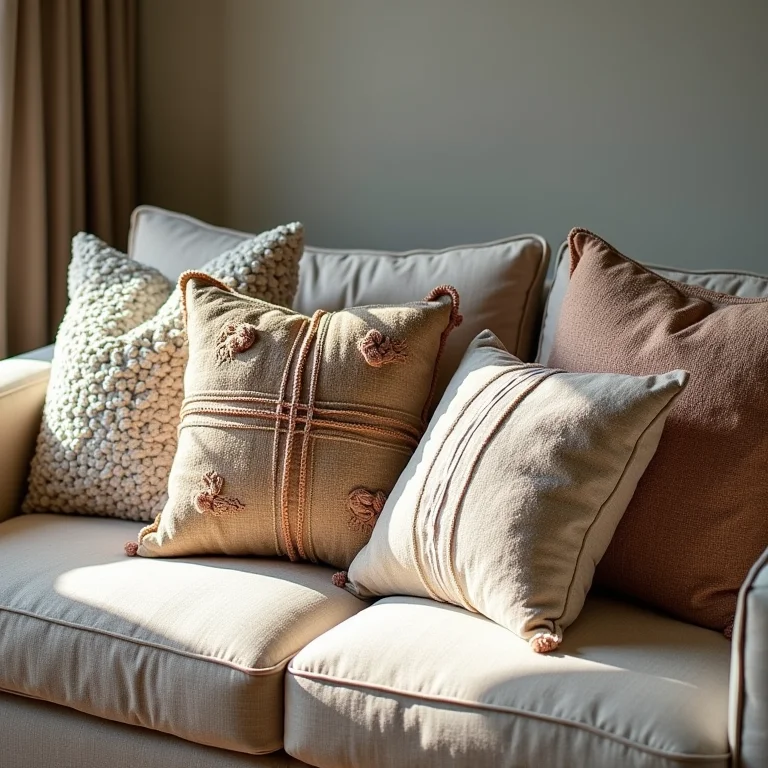 Almofadas de macramê com diferentes texturas em um sofá.