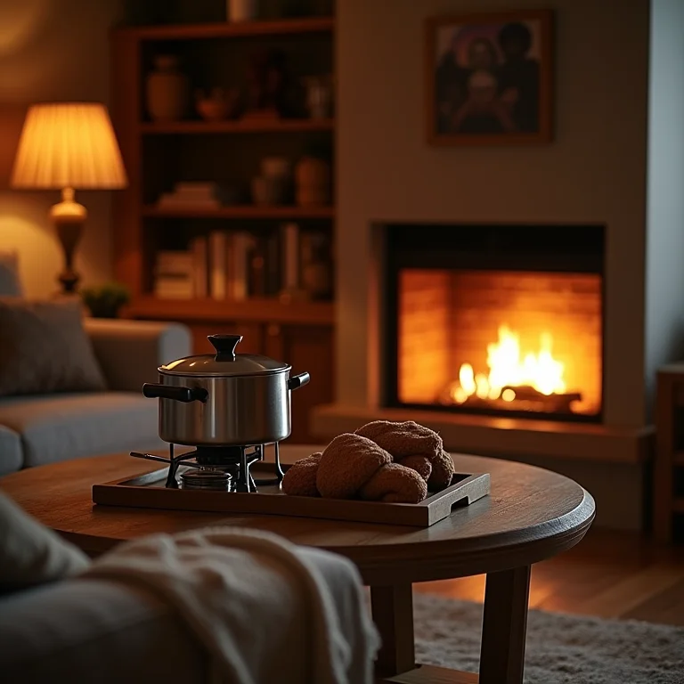 Ambiente acolhedor com lareira e fondue na mesa de centro.