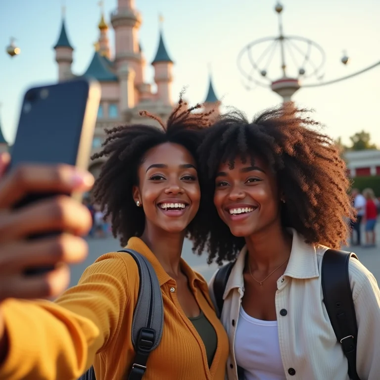 Amigas tirando selfie em frente a um ponto turístico de parque de diversões.