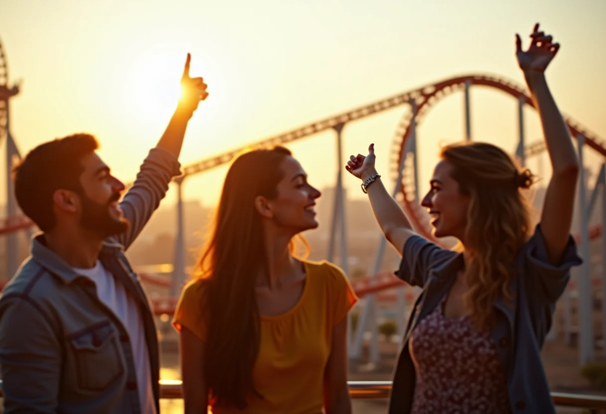 Amigos se divertindo em parque de diversões ao pôr do sol.