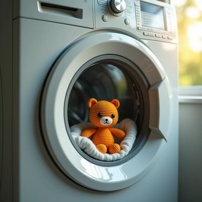 Amigurumi dentro de uma máquina de lavar com ciclo delicado