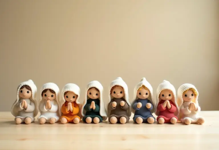 Amigurumis de Santinhas coloridas em fundo neutro