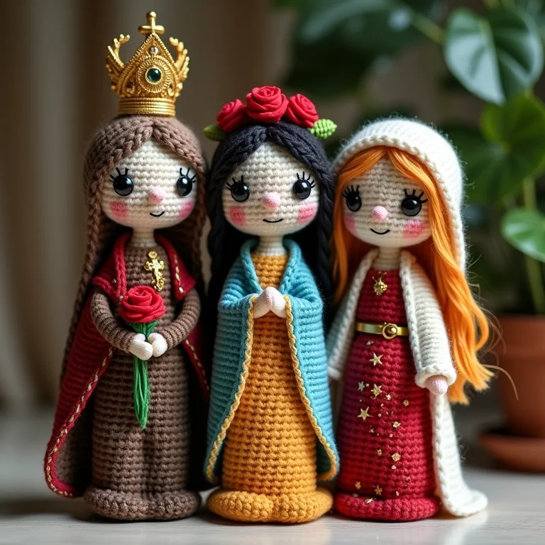 Amigurumis de santinhas com diferentes designs e detalhes