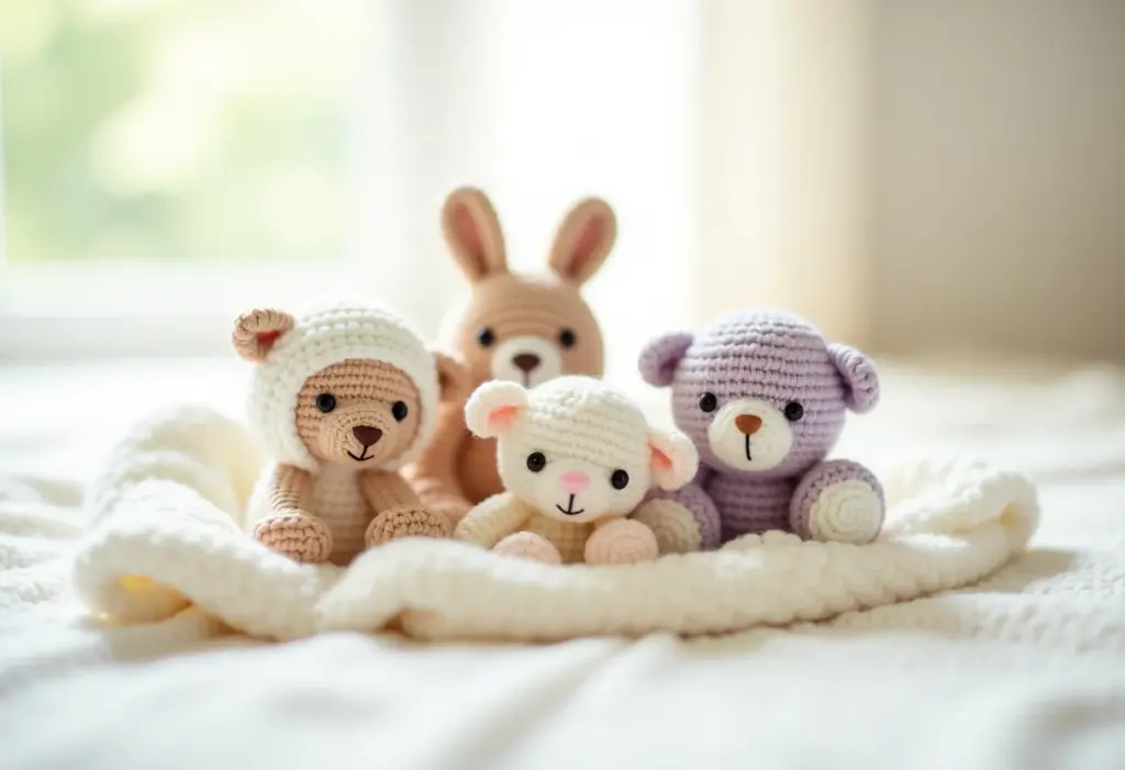 Amigurumis delicados em tons pastel para lembrancinha de maternidade