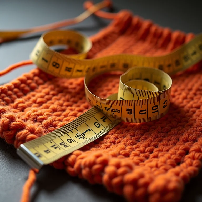 Amostra de crochê com fita métrica para medir a tensão