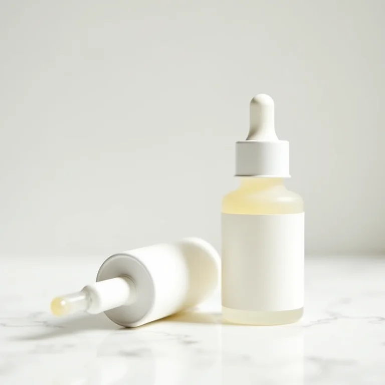 Ampola de ácido hialurônico e frasco de serum capilar em mármore