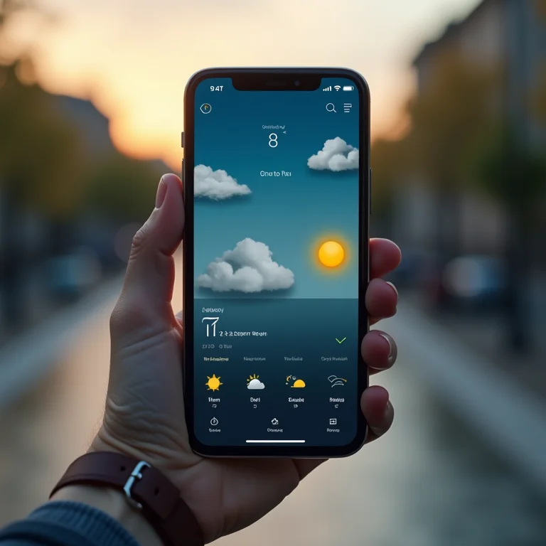 Aplicativo de previsão do tempo em smartphone com ícones de sol e chuva
