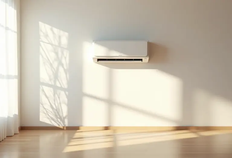 Ar condicionado em uma sala de estar moderna e bem iluminada.