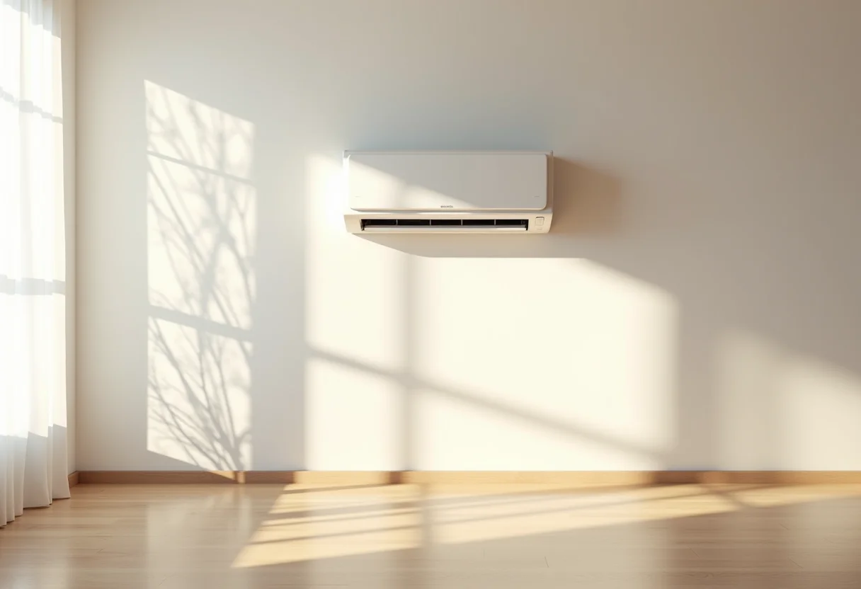 Ar condicionado em uma sala de estar moderna e bem iluminada.