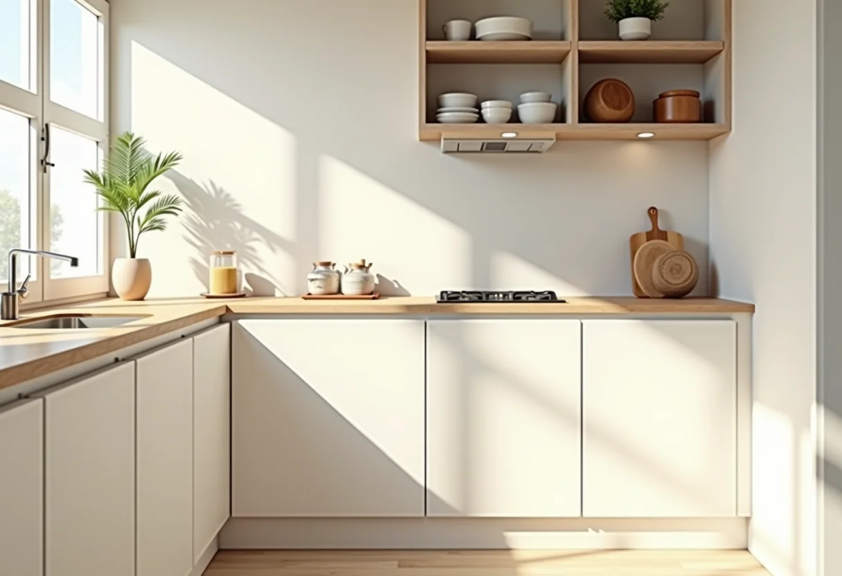 Armário de cozinha pequeno otimizado com soluções inteligentes.