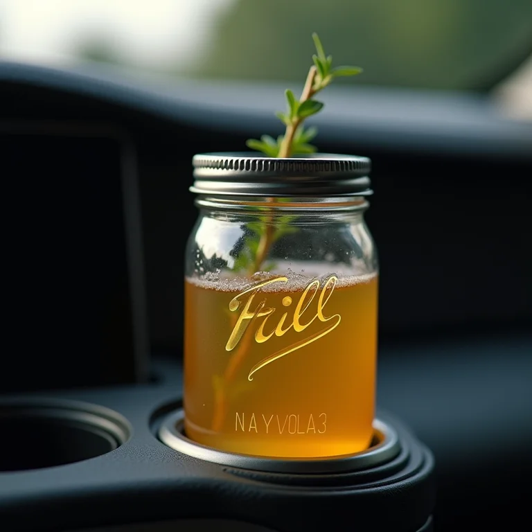 Aromatizador de carro caseiro em um pote de vidro dentro do porta-copos de um carro