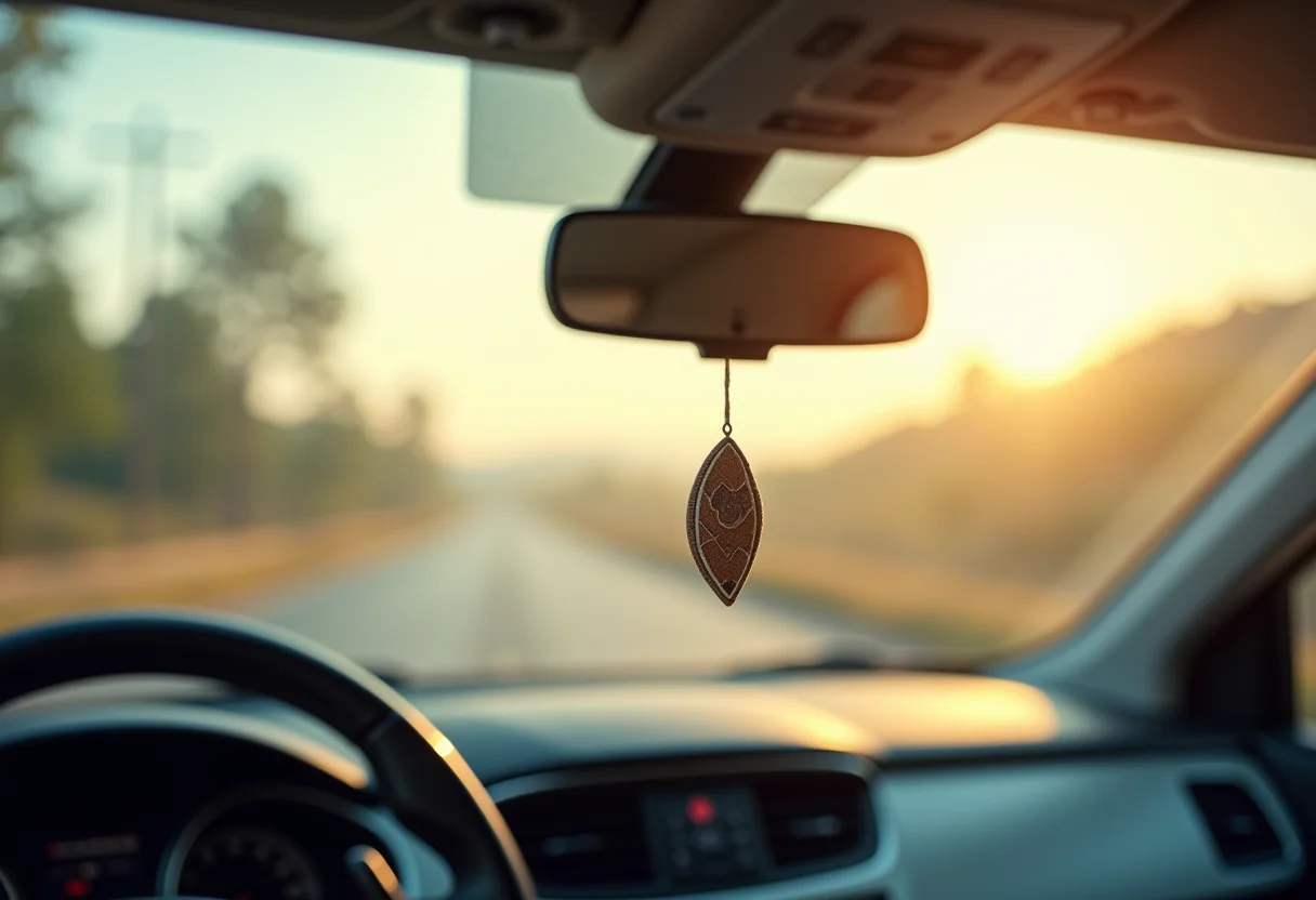 Aromatizador de carro pendurado no retrovisor em carro com interior clean e bem iluminado