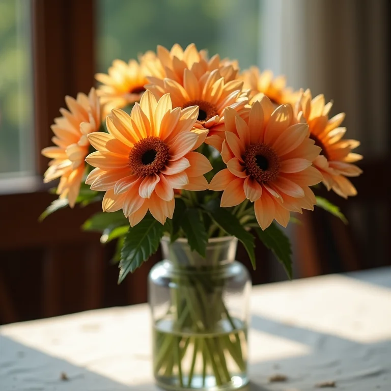 Arranjo de flores artificiais de aparência barata e pouco natural em uma mesa de jantar.