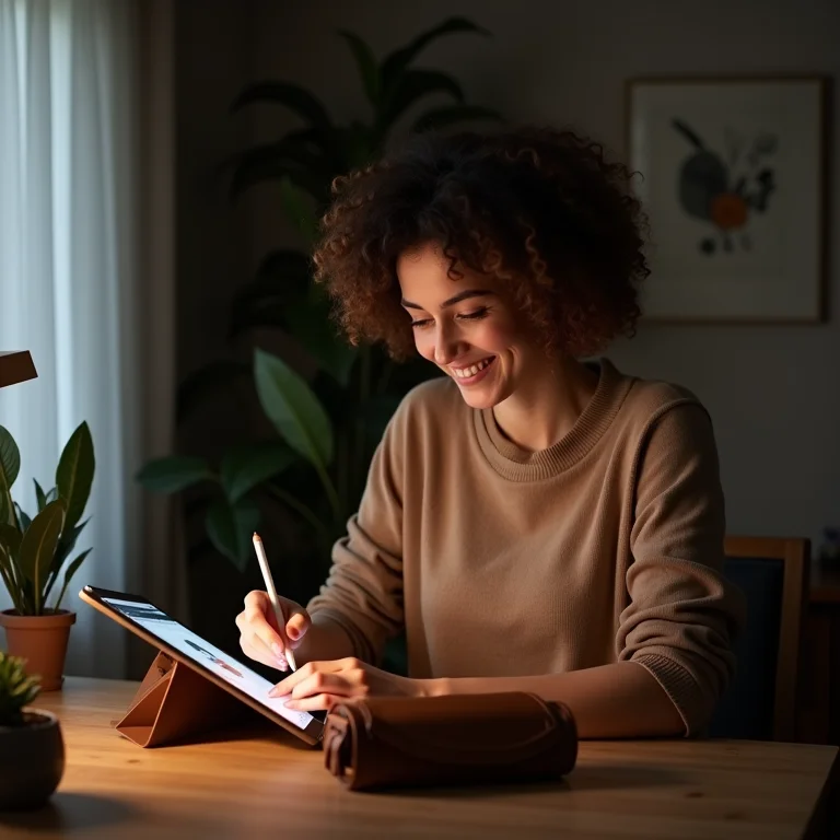 Artesã personalizando bolsa de couro com software de design em tablet.