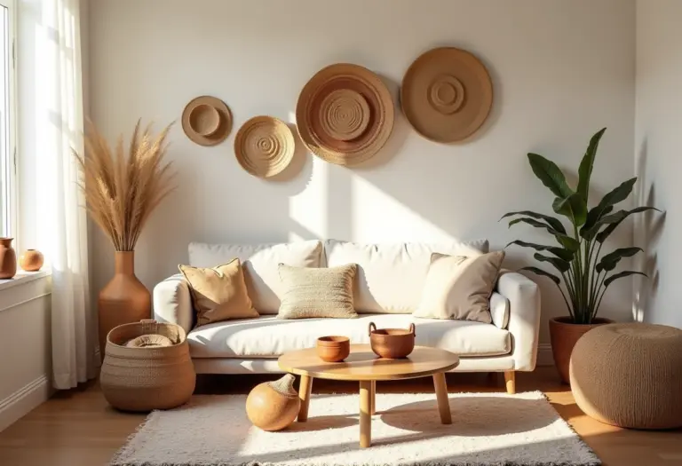 Artesanato brasileiro em uma sala de estar iluminada