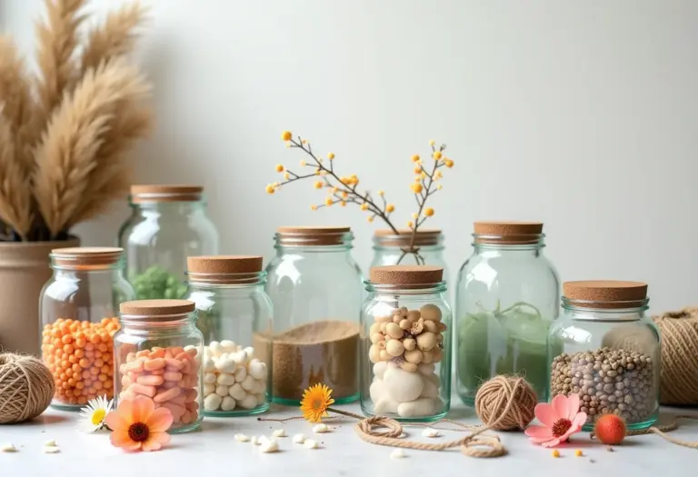 Artesanato com potes de vidro decorados e materiais de artesanato.