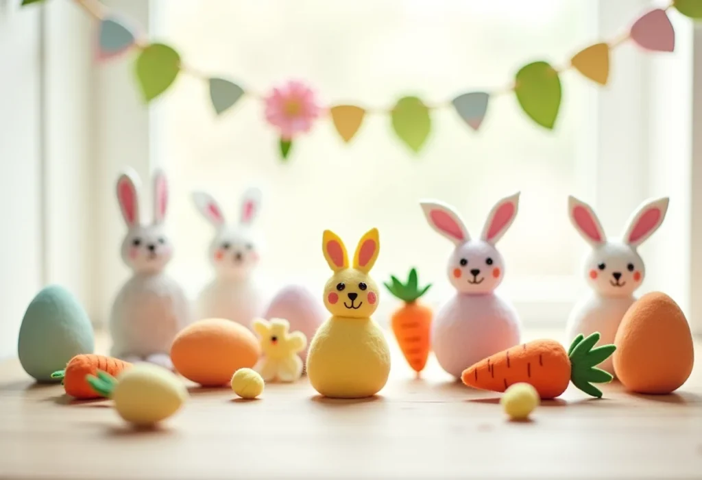 Artesanato de Páscoa em feltro com coelhos, cenouras e ovos decorativos.