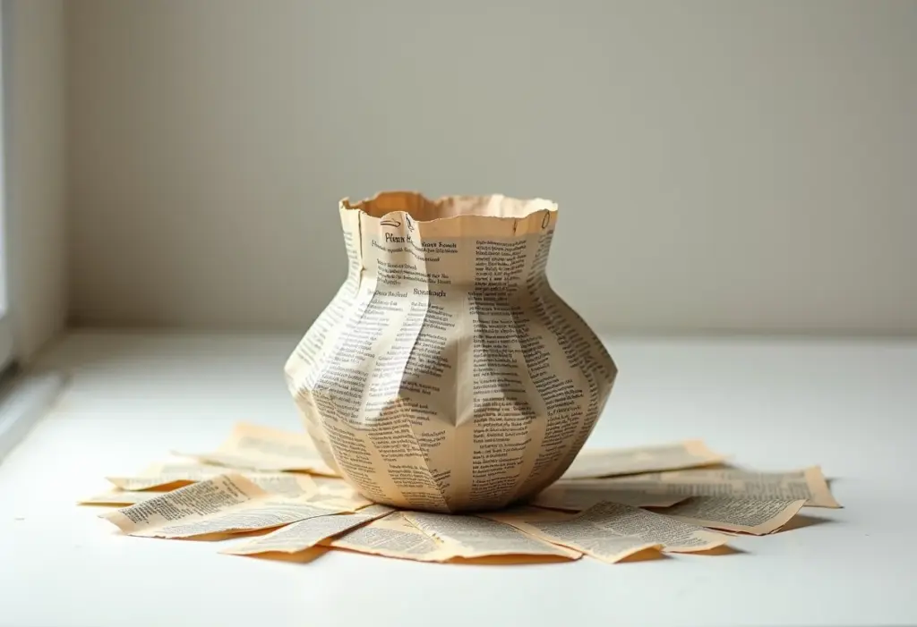 Artesanato elegante feito com jornal e cola, transformando materiais reciclados em peças de decoração sofisticadas.