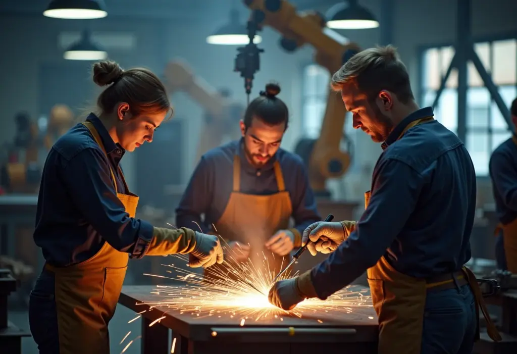 Artesãos diversos trabalhando em colaboração com robôs em oficina moderna.