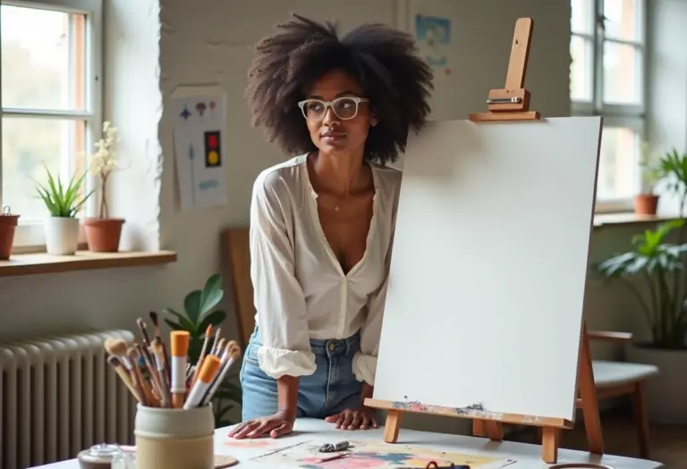 Artista feminina criativa contemplando tela em branco, buscando inspiração.