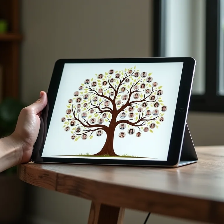Árvore da vida digital em um tablet com perfis interativos dos membros da família