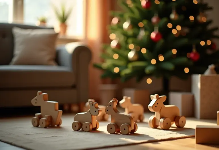 Árvore de Natal decorada com brinquedos de madeira artesanais