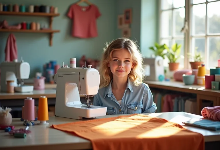 Ateliê de costura criativa com tecidos coloridos e máquinas de costura.