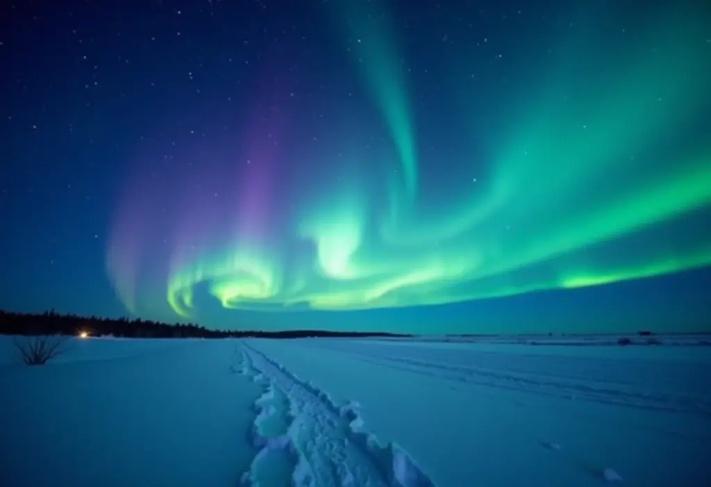 Aurora Boreal com luzes vibrantes no céu noturno