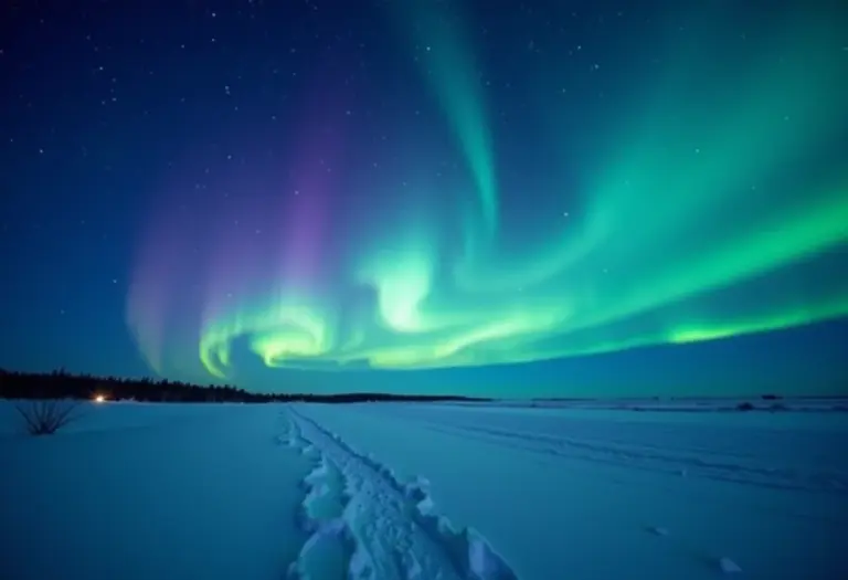 Aurora Boreal com luzes vibrantes no céu noturno