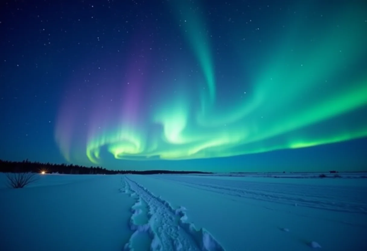 Aurora Boreal com luzes vibrantes no céu noturno