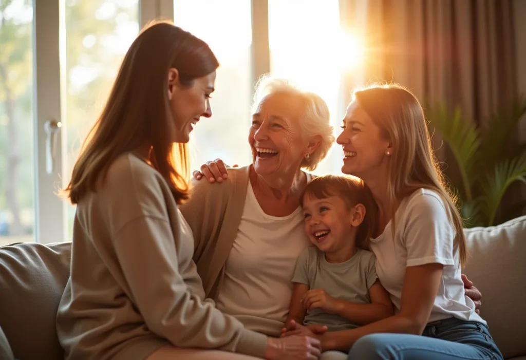 Avó abraçando seus netos em ambiente aconchegante e iluminado