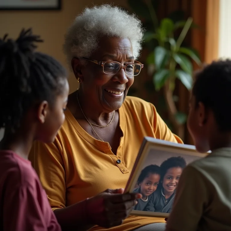 Avó contando histórias da família para os netos, mostrando fotos na árvore genealógica