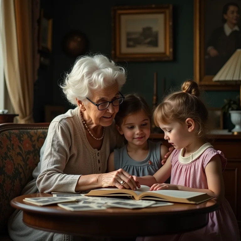 Avó contando histórias para suas netas cercada de fotos antigas.