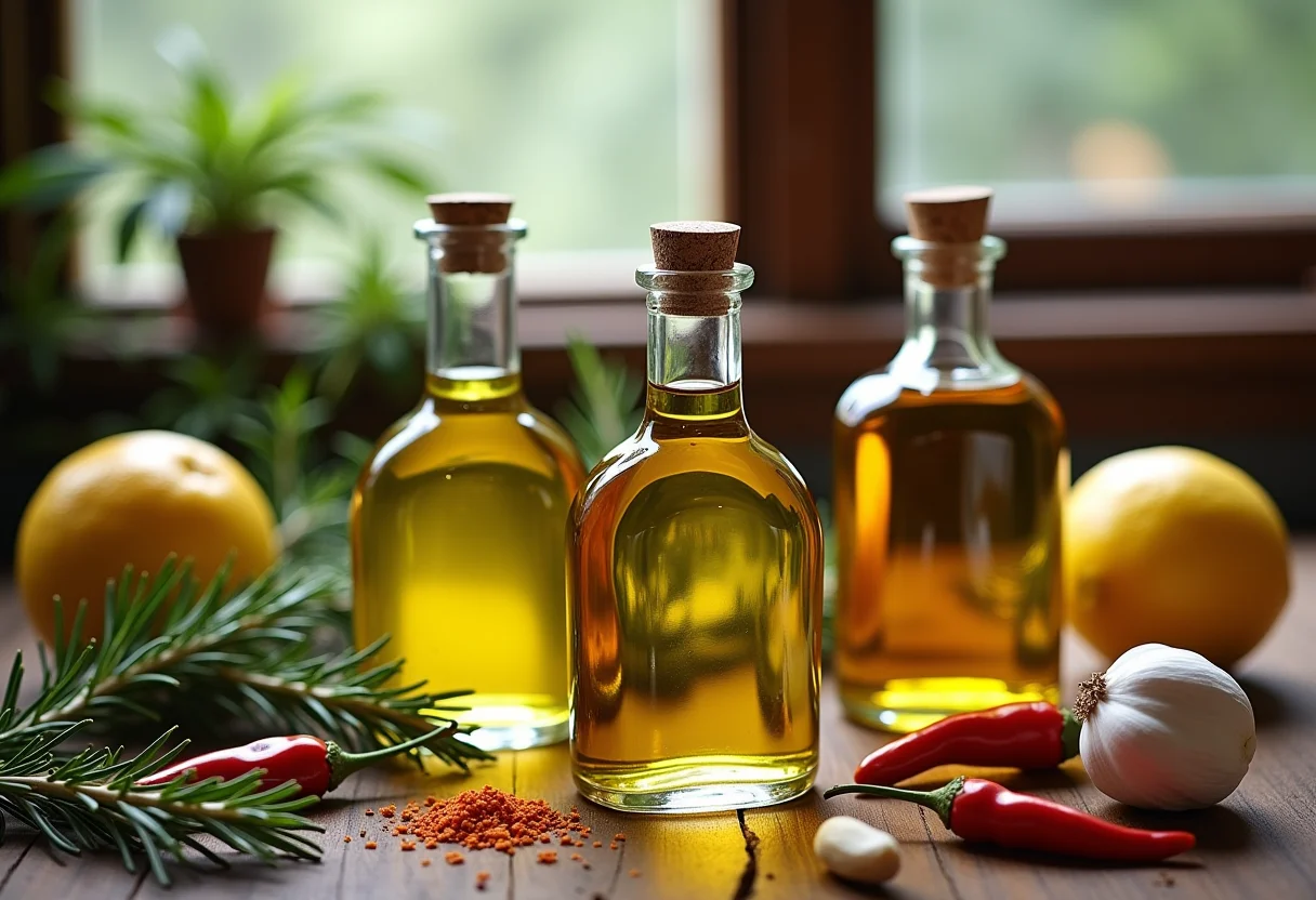 Azeites aromatizados com ervas e especiarias em uma mesa de madeira rústica.